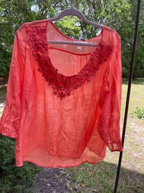 krazy kat Coral Sheer Embroidered V-Neck Blouse